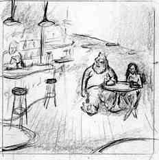 Bwana und Alice, die junge Golem-Göttin, sitzen in einer Hotelbar.